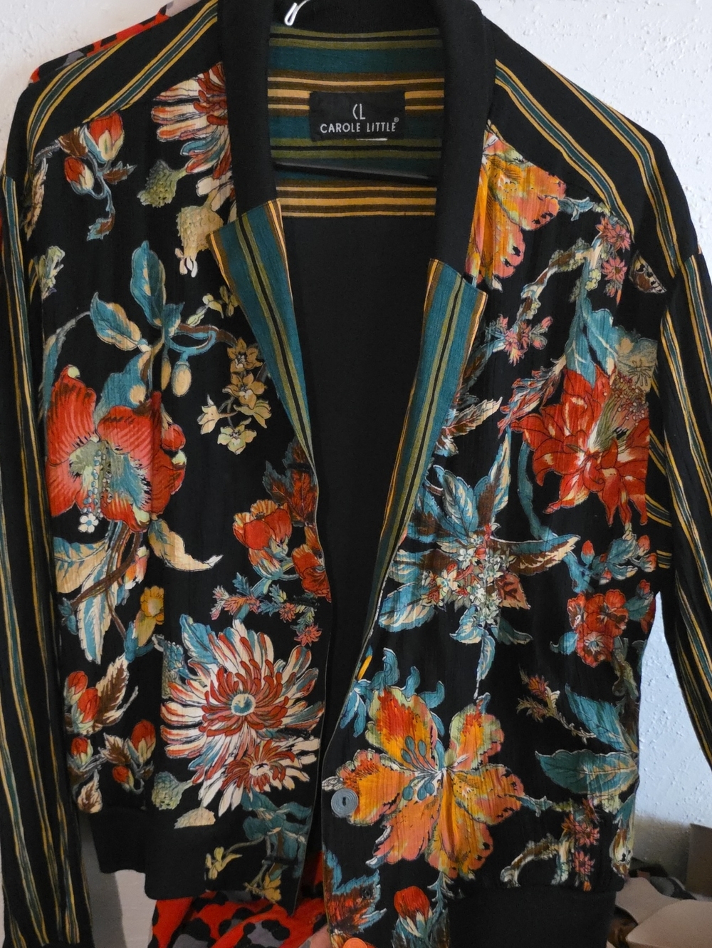 Carole Little Black Floral Bomber Jacket with Teal & Orange Accents